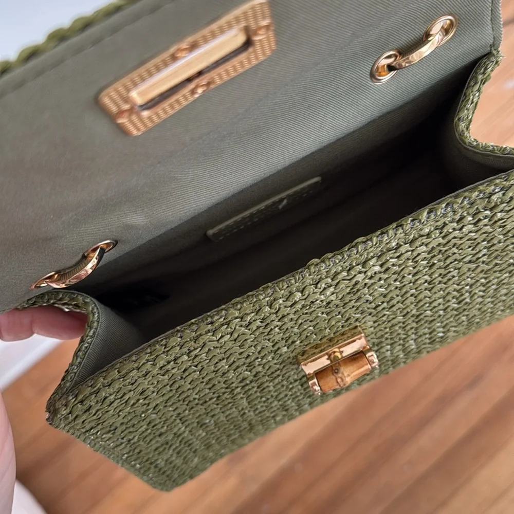 Green Woven Top-Handle Clutch with Bamboo Handle - Picture 3 of 3